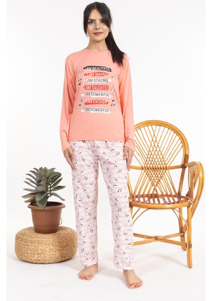 Kadın 2468 Uzun Kol Desenli Pijama Takımı Turuncu