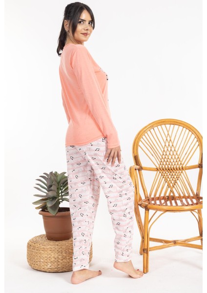 Kadın 2468 Uzun Kol Desenli Pijama Takımı Turuncu