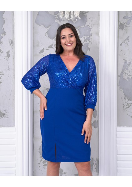 Midi Abiye Elbise - Üst Pul Payet Işleme Kruvaze Yaka Yırtmaç Detaylı Esnek Kumaş 011