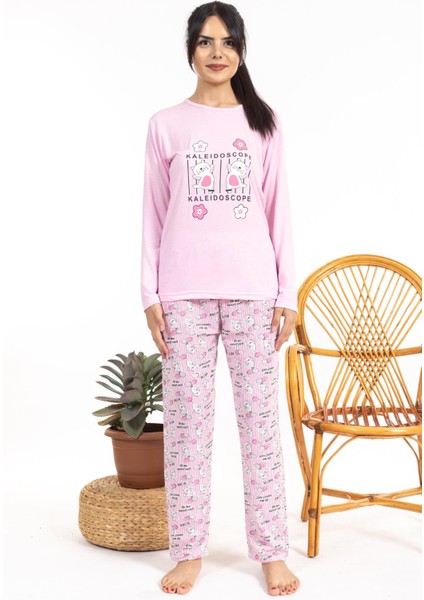 Kadın Uzun Kol 2448 Desenli Pijama Takımı Pembe