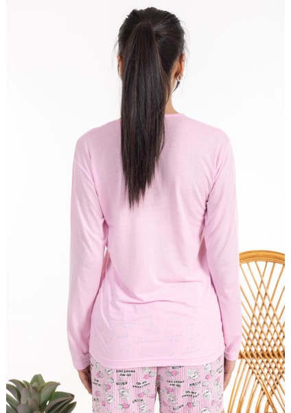 Kadın Uzun Kol 2448 Desenli Pijama Takımı Pembe