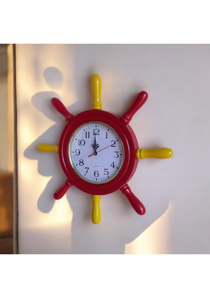 Sarı kırmızı ahşap gemici dümen duvar salon ofis saati çap 38 cm