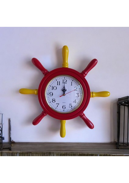 Sarı kırmızı ahşap gemici dümen duvar salon ofis saati çap 38 cm