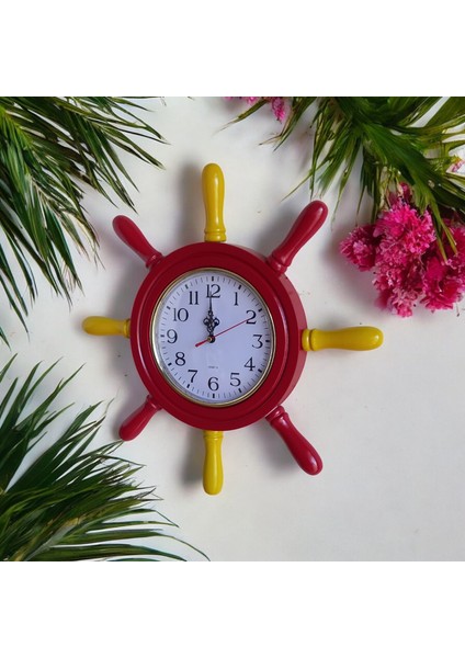 Sarı kırmızı ahşap gemici dümen duvar salon ofis saati çap 38 cm