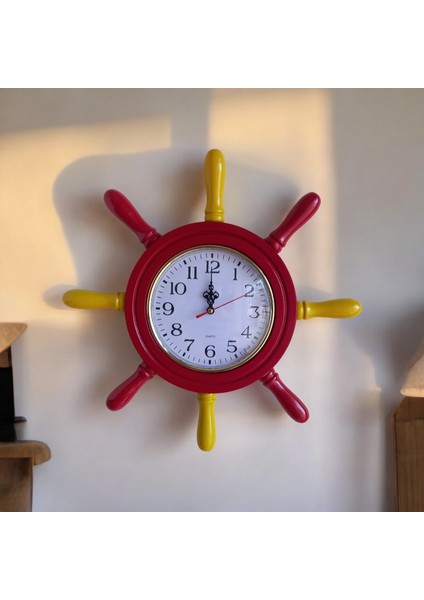 Sarı kırmızı ahşap gemici dümen duvar salon ofis saati çap 38 cm