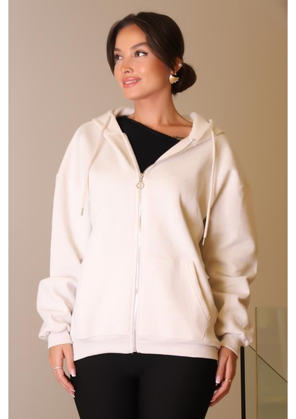 Kapüşonlu Fermuarlı Bej Kadın Hırka W0008672-2K5 fiyatları