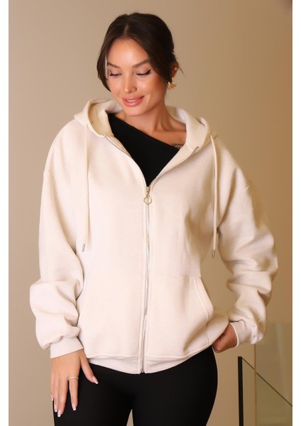 Kapüşonlu Fermuarlı Bej Kadın Hırka W0008672-2K5 modelleri