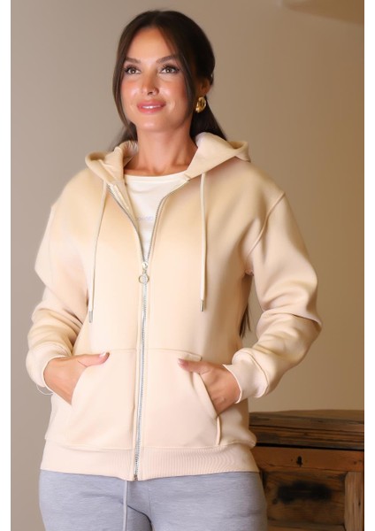 Fermuarlı Cepli Bej Kadın Sweatshirt 5028-2K4