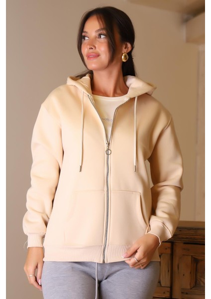 Fermuarlı Cepli Bej Kadın Sweatshirt 5028-2K4 fiyatları