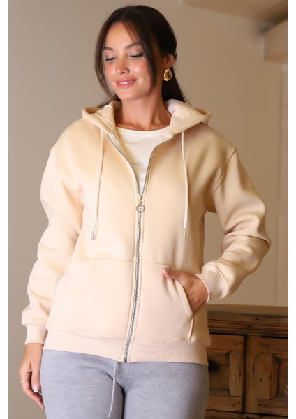 Fermuarlı Cepli Bej Kadın Sweatshirt 5028-2K4 modelleri