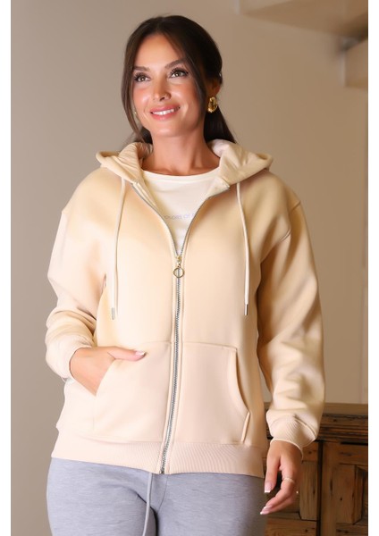 Fermuarlı Cepli Bej Kadın Sweatshirt 5028-2K4 fırsatları