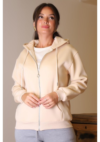 Fermuarlı Cepli Bej Kadın Sweatshirt 5028-2K4 indirimleri