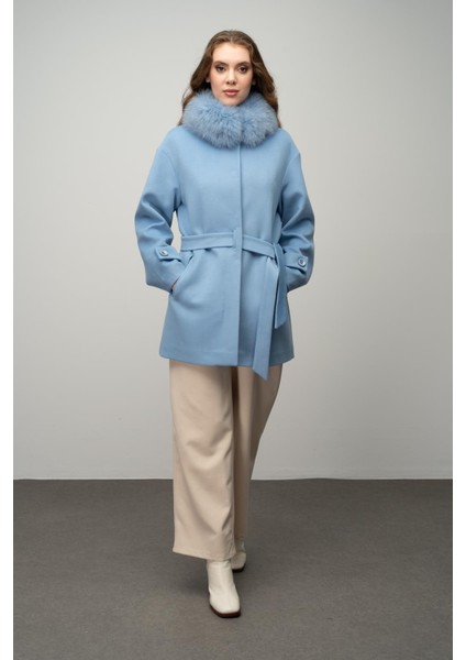 Yakası Çıkabilir Kürklü Oversize Kısa Kaşmir Kaban Mavi 3051-TK