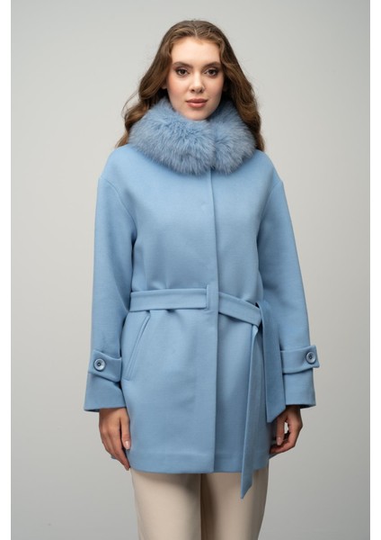 Yakası Çıkabilir Kürklü Oversize Kısa Kaşmir Kaban Mavi 3051-TK fiyatları