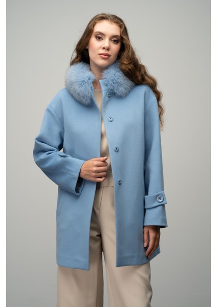 Yakası Çıkabilir Kürklü Oversize Kısa Kaşmir Kaban Mavi 3051-TK fırsatları