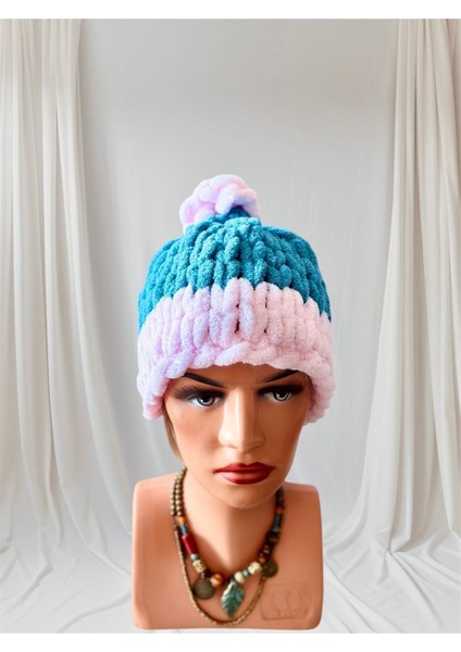 El Yapımı Puffy Ponponlu Örgü Bere, Polar Bere Pembe / Standart
