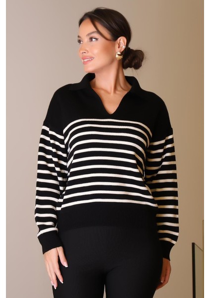 V Yaka Çizgili Uzun Kollu Siyah Kadın Kazak 6186-2K5 fiyatları