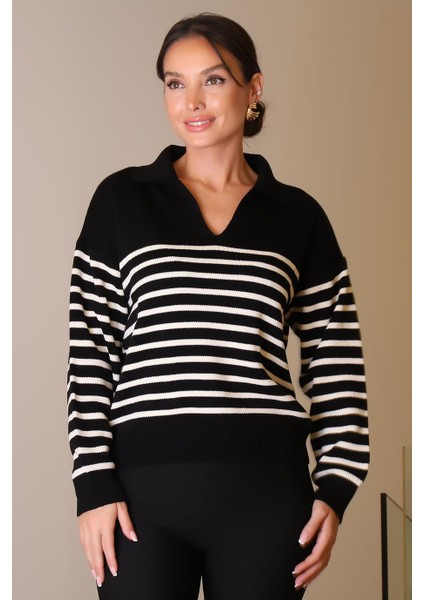 V Yaka Çizgili Uzun Kollu Siyah Kadın Kazak 6186-2K5 modelleri