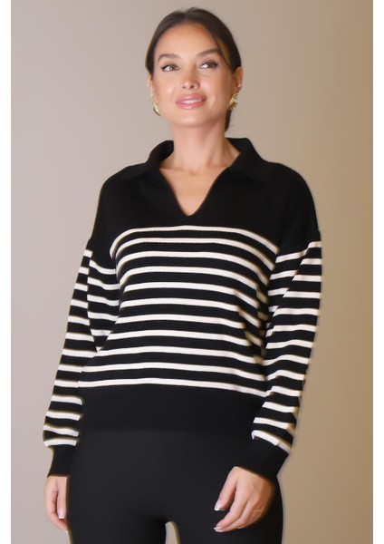 V Yaka Çizgili Uzun Kollu Siyah Kadın Kazak 6186-2K5 fırsatları