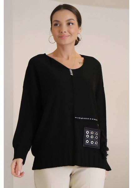 Sıfır Yaka Uzun Kollu Siyah Kadın Kazak BZT-0056-2K3