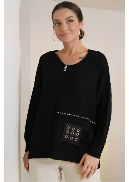 Sıfır Yaka Uzun Kollu Siyah Kadın Kazak BZT-0056-2K3 fiyatları