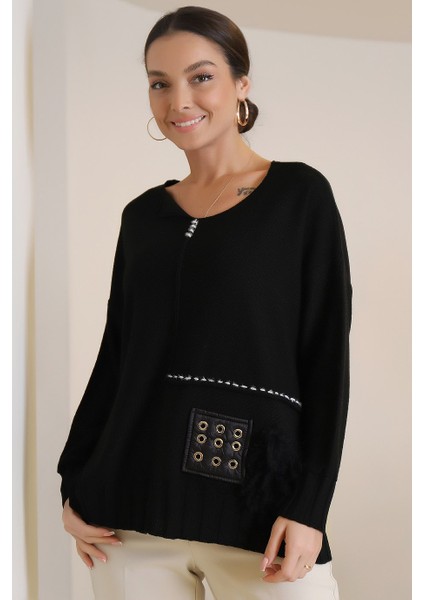 Sıfır Yaka Uzun Kollu Siyah Kadın Kazak BZT-0056-2K3 indirimleri