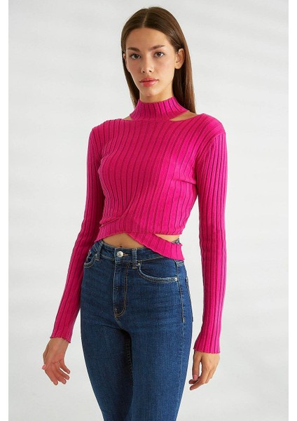 Omuz Dekolteli Dik Yaka Fuşya Triko 0078-2K3 fiyatları