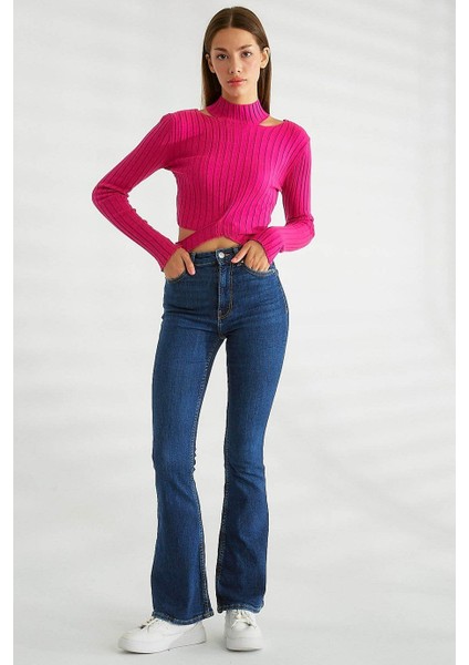 Omuz Dekolteli Dik Yaka Fuşya Triko 0078-2K3 modelleri