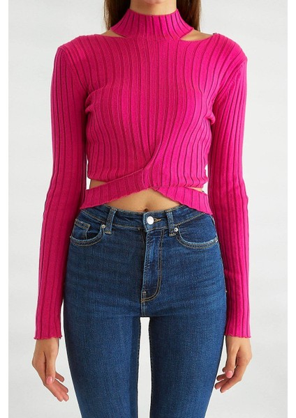 Omuz Dekolteli Dik Yaka Fuşya Triko 0078-2K3 fırsatları