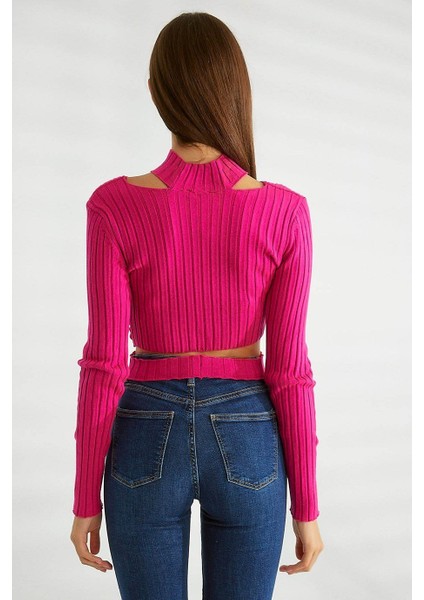 Omuz Dekolteli Dik Yaka Fuşya Triko 0078-2K3 indirimleri
