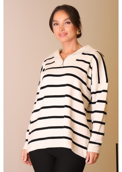 Çizgili Uzun Kollu Taş Kadın Kazak 6081-2K5