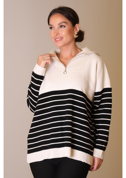 Yakası Fermuarlı Uzun Kollu Taş Kadın Kazak 5221-2K5