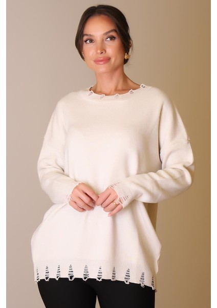 Bisiklet Yaka Uzun Kollu Taş Kadın Kazak 6167-2K5