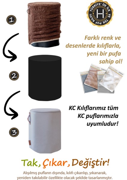 Yıkanabilir Puf Tabure Kılıfı Tak-Çıkar-Değiştir-Yenile Orta Sehpa Kılıfı Kc Meek Bej