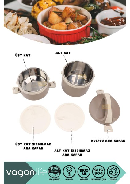 Bento 1800ML Lunchbox 2 Katlı 4-6 Saat Sıcak/soğuk Termos Özellikli Çelik Sefer Tası Yemek Kutusu modelleri