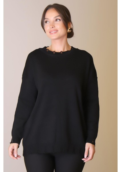 Bisiklet Yaka Uzun Kollu Siyah Kadın Kazak 6167-2K5