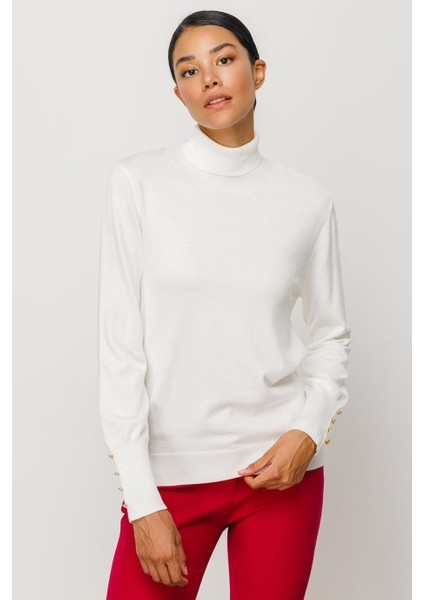 Süs Düğmeli Triko Ekru Kadın Kazak 27503-2K4