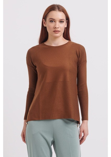 Sıfır Yaka Uzun Kollu Camel Kadın Kazak 75318-2K3