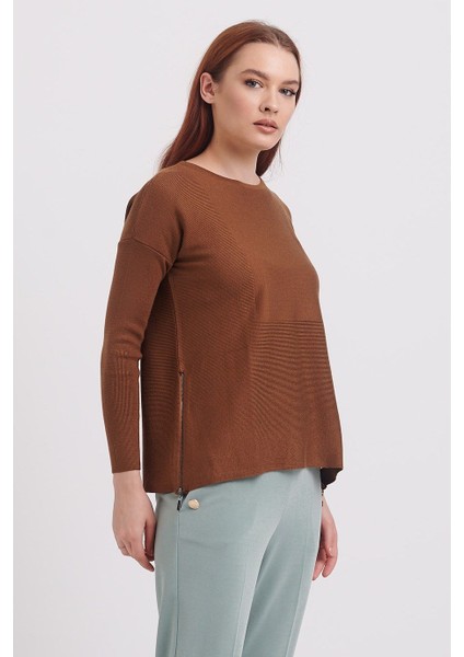 Sıfır Yaka Uzun Kollu Camel Kadın Kazak 75318-2K3