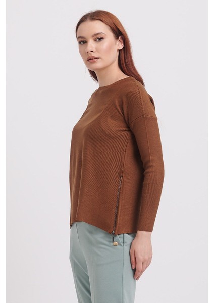 Sıfır Yaka Uzun Kollu Camel Kadın Kazak 75318-2K3