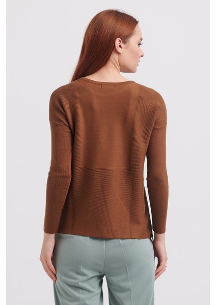 Sıfır Yaka Uzun Kollu Camel Kadın Kazak 75318-2K3