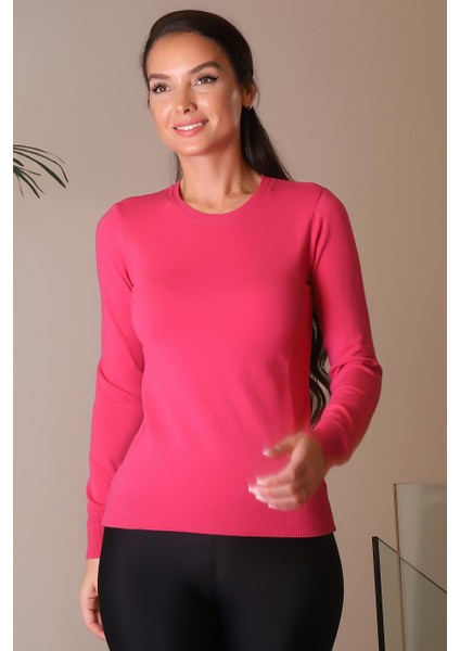 Sıfır Yaka Uzun Kollu Fuşya Kadın Kazak 0777-2K4