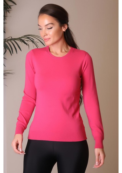 Sıfır Yaka Uzun Kollu Fuşya Kadın Kazak 0777-2K4 fiyatları