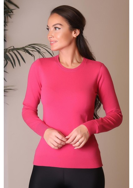 Sıfır Yaka Uzun Kollu Fuşya Kadın Kazak 0777-2K4 fırsatları