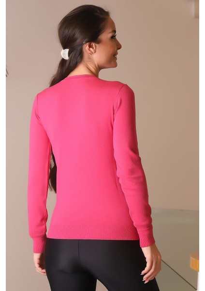 Sıfır Yaka Uzun Kollu Fuşya Kadın Kazak 0777-2K4 indirimleri