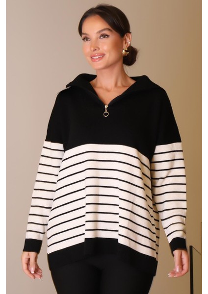 Yakası Fermuarlı Uzun Kollu Siyah Kadın Kazak 5221-2K5