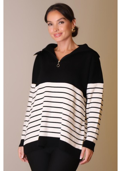 Yakası Fermuarlı Uzun Kollu Siyah Kadın Kazak 5221-2K5 fiyatları