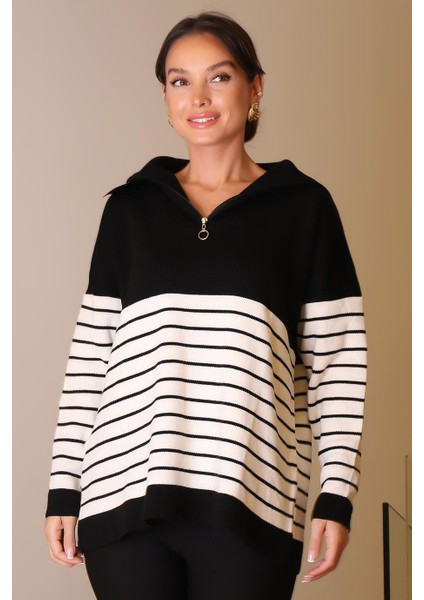 Yakası Fermuarlı Uzun Kollu Siyah Kadın Kazak 5221-2K5 fırsatları