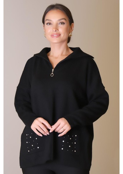 Cepleri Taş Işlemeli Siyah Kadın Kazak 5220-2K5