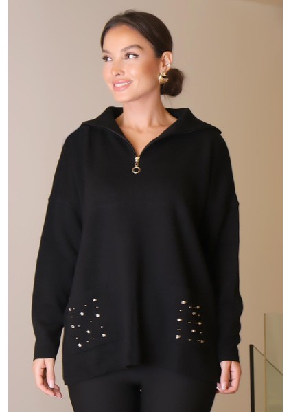 Cepleri Taş Işlemeli Siyah Kadın Kazak 5220-2K5 fiyatları